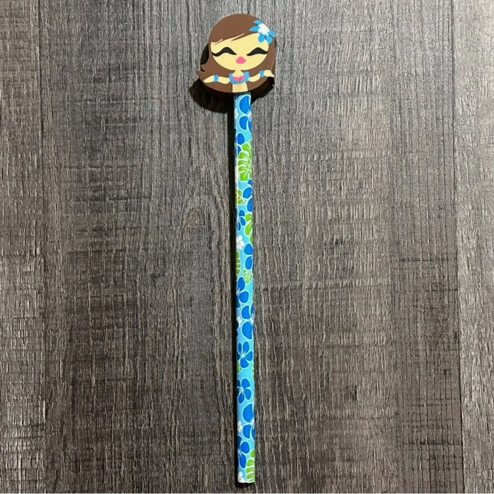 💞 New Blue Floral Pencil With Hawai’ian Hula Dancer Eraser